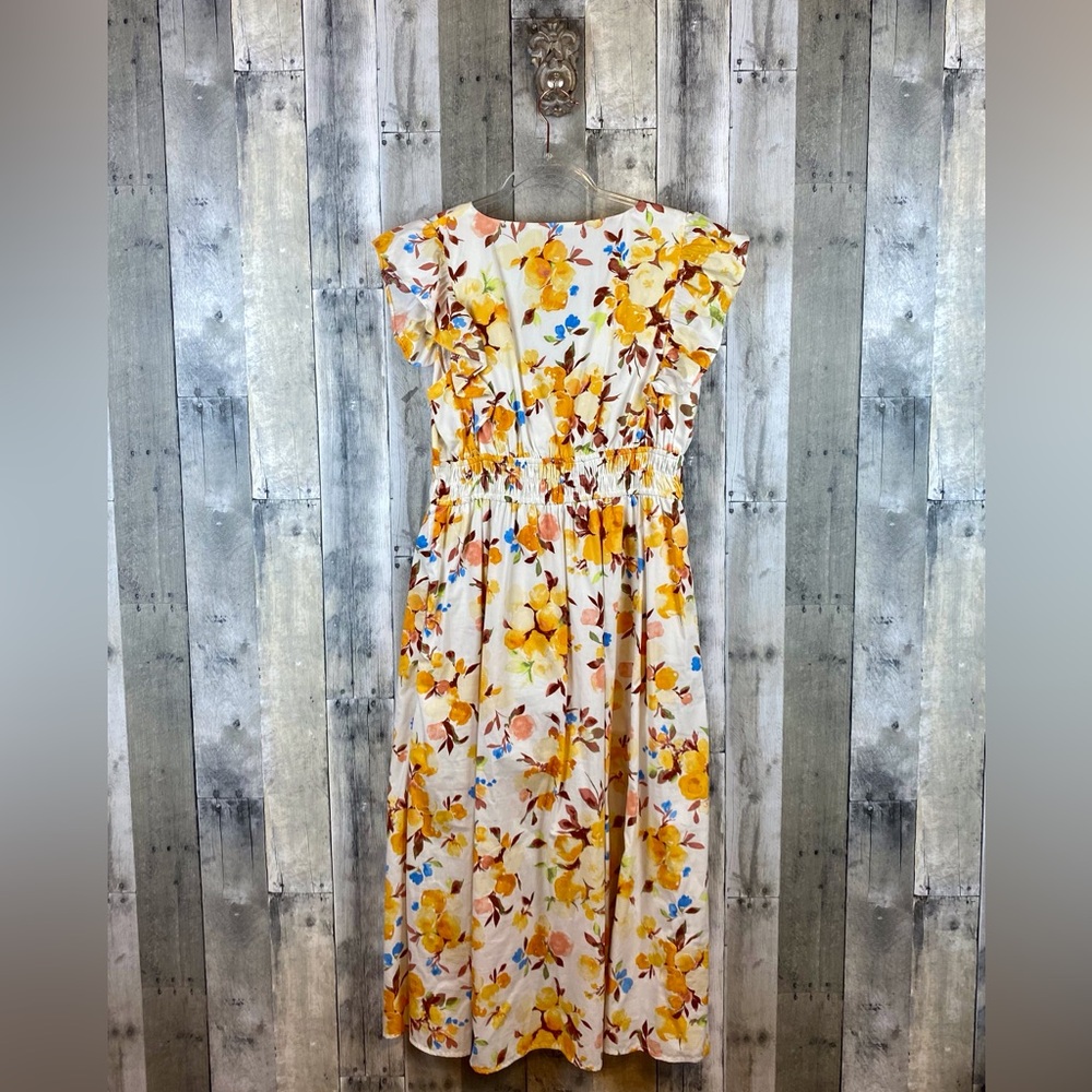 Abercrombie & Fitch Flutter Sleeve Tiered Midi Dress in Yellow Floral Size Large - Picture 3 of 15